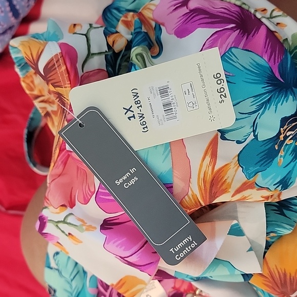 Terra & Sky NWT 1X Tummy Control One Piece Tropical Print Swimsuit with Bra - Picture 5 of 7